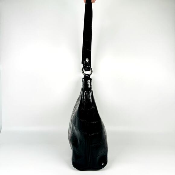 Nine & Company Women's Shoulder Bag Black Crocodile Print Patent Leather Purse - Picture 3 of 9